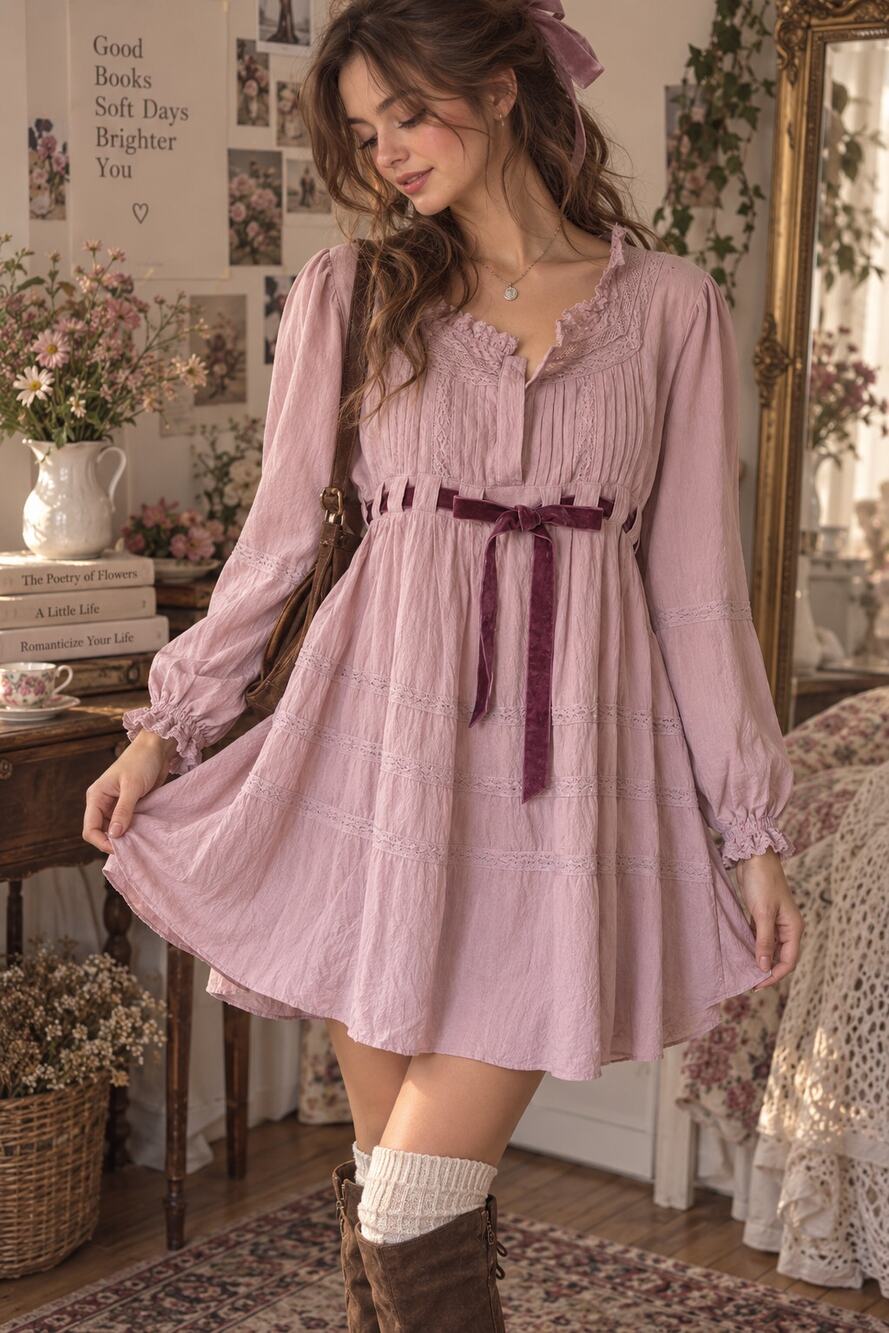Pink Babydoll Mini Dress S Lace Velvet Ribbon Cottagecore Romantic Boho